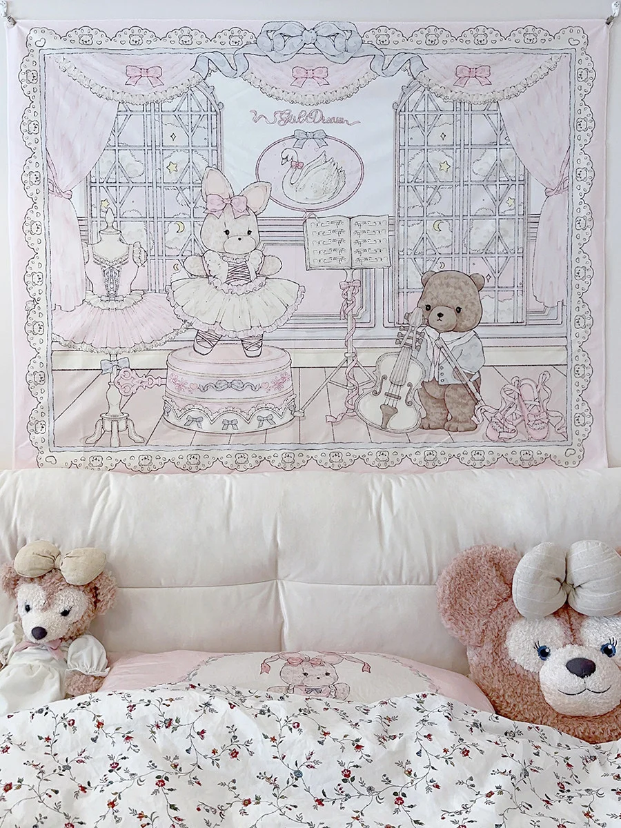 Cartoon Style Tapestry Rabbit Bear Background Cloth Wall Decoration Hanging Cloth Girl's Room Dormitory Tapestries Bedroom Decor