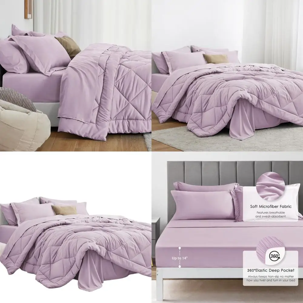 

7-Piece Light Purple King Comforter Set: All-Season Bedding with 1 Comforter, 1 Flat Sheet, 1 Fitted Sheet, 2 Pillowcases, and 2