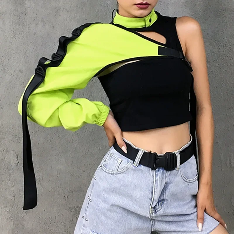 

Y2K Reflective Tshirt Women Street Style Heavy Backpack Buckle Long Sleeve Ribbon Club Cover Shirt