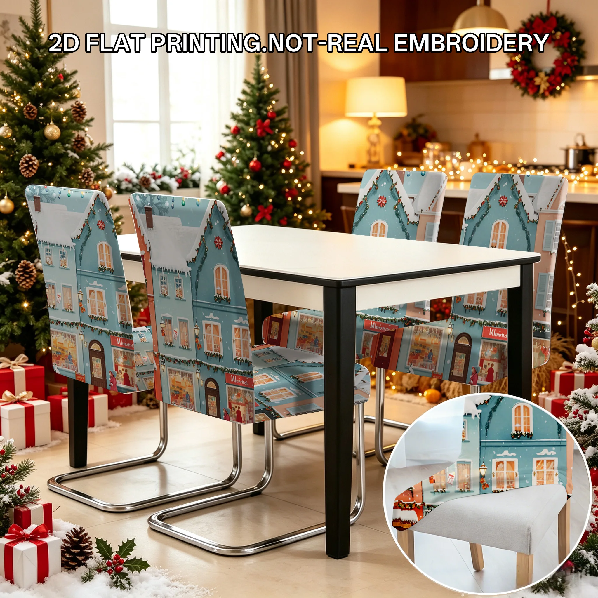 2/4/6 PCS Christmas Snow Town dining chair covers 2D flat printed snow view Christmas restaurant holiday decoration