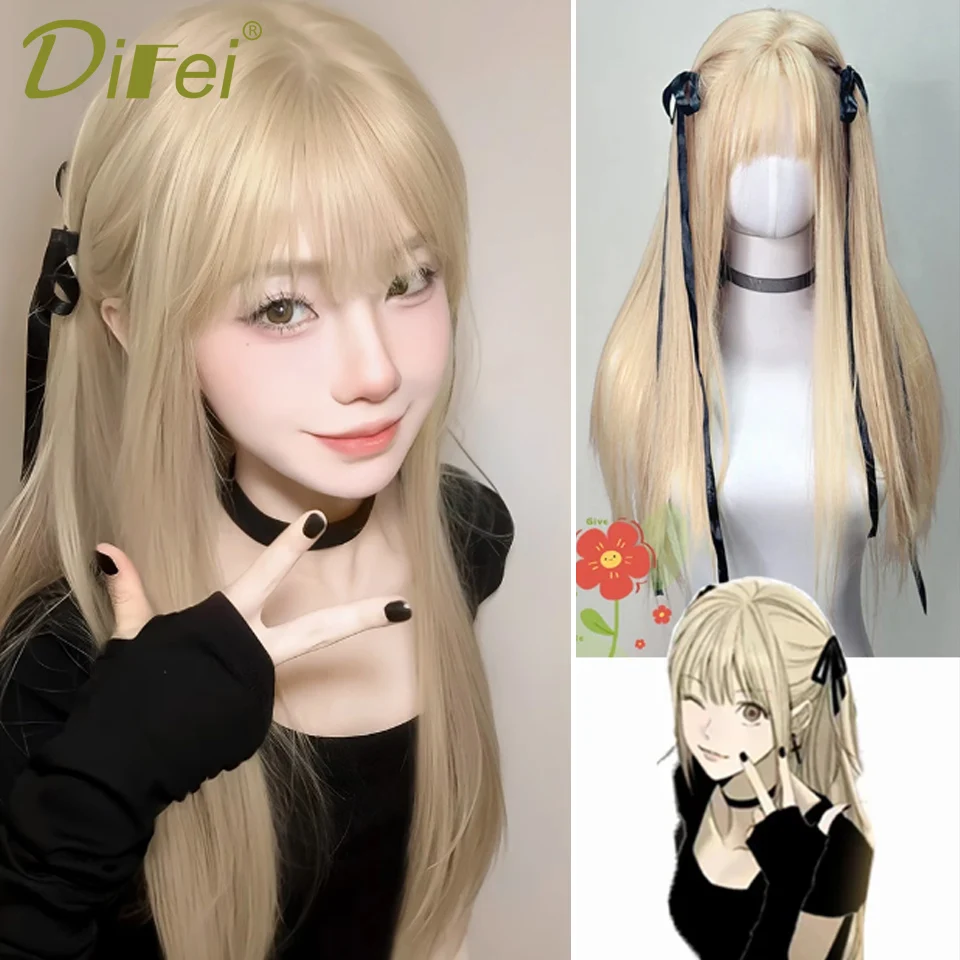 

DIFEI Golden Long Straight Synthetic Wig female Misa Amane Cos Straight Bangs Fluffy Smooth Long Straight Hair Wig