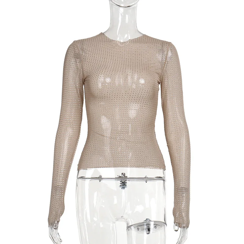 Hot Drill Flesh-colored See-through T Shirt Women Long Sleeve O Neck Loose Tshirt Women Tee Shirt Tops Camisetas Mujer