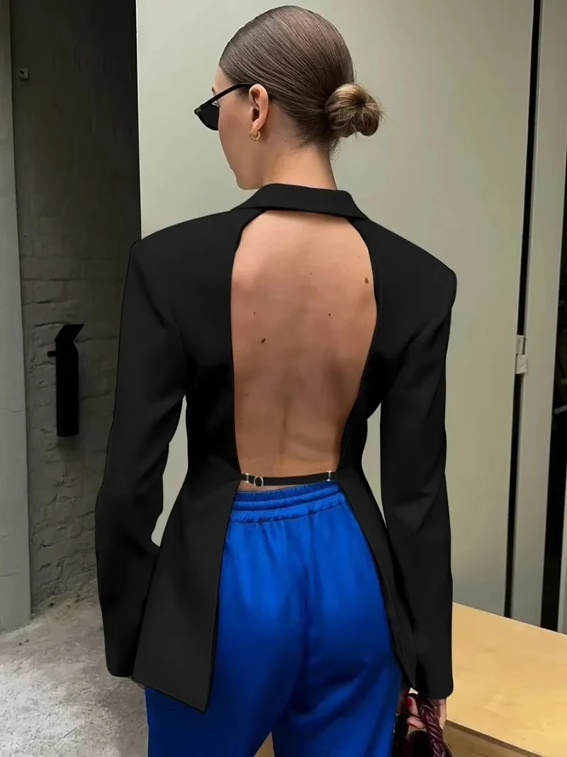 Elegant Women's Backless Black Suit 2025 Autumn Chic Long Sleeve Covered Buttons Hollow Out Blazers White Tops Coat Outerwear