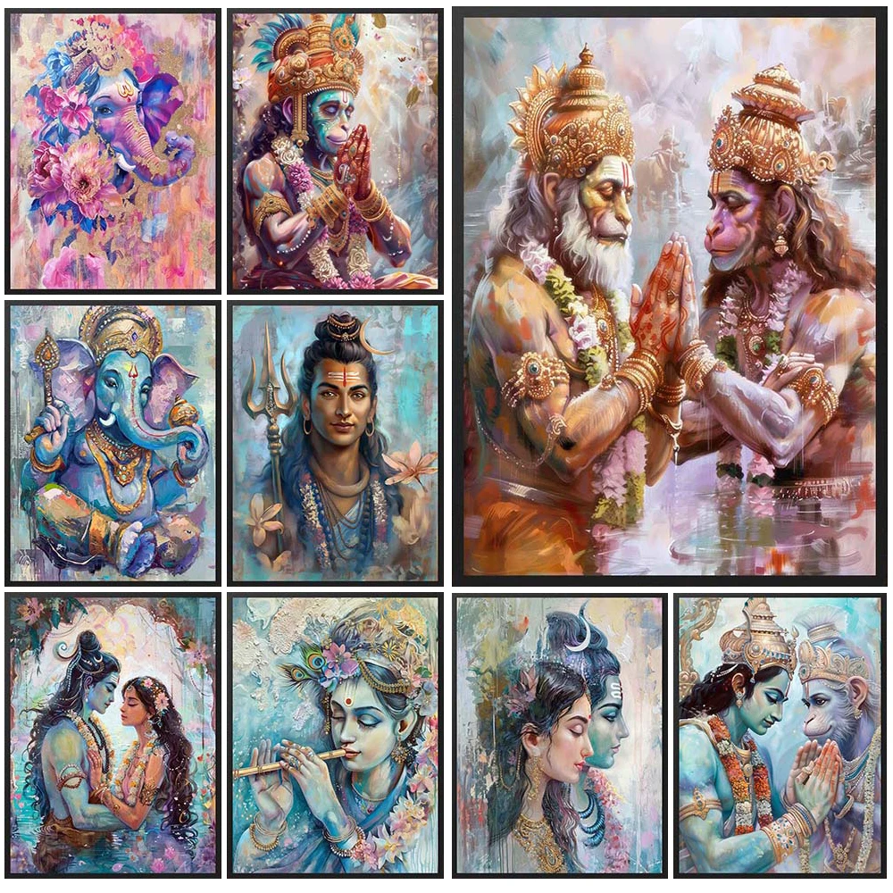 

Cartoon Shiva Hanuman Ganesha Brahma Prints Posters Wall Pictures For Living Room Decor Poster Wall Art Canvas Painting Unframed