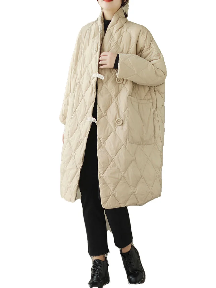 เสื้อโค้ทผ้าฝ้ายน้ำหนักเบาสไตล์ญี่ปุ่นสำหรับผู้หญิง ลายเพชร วินเทจ ความยาวปานกลาง เสื้อคลุมกันหนาว