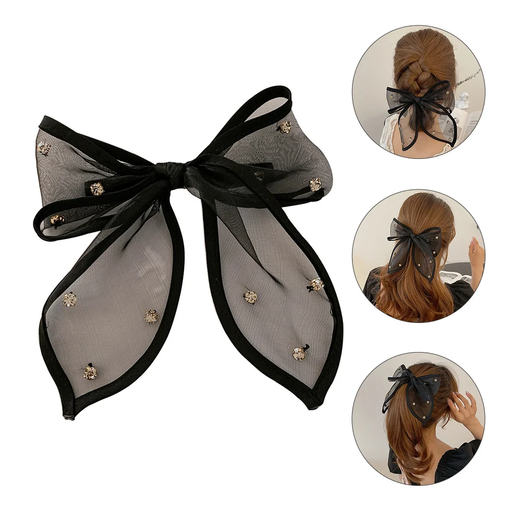 

Hairpin Rhinestone Bow Big Daily Wear Accessory Lace Barrette Bowknot Mesh Clip Back