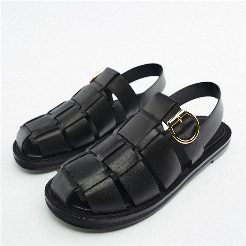 ANNYMOLI Women Shoes Genuine Leather Gladiator Sandals  Round Toe Flats Buckle Female Footwear 2022 Summer Black Big Size 43