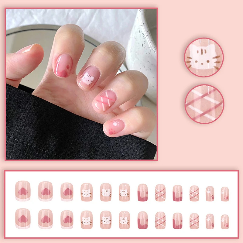 

24Pcs Press On Nails Love Cat Plaid Fake Nails Glossy Artificial Finger Manicure Reusable False Nails Decoration