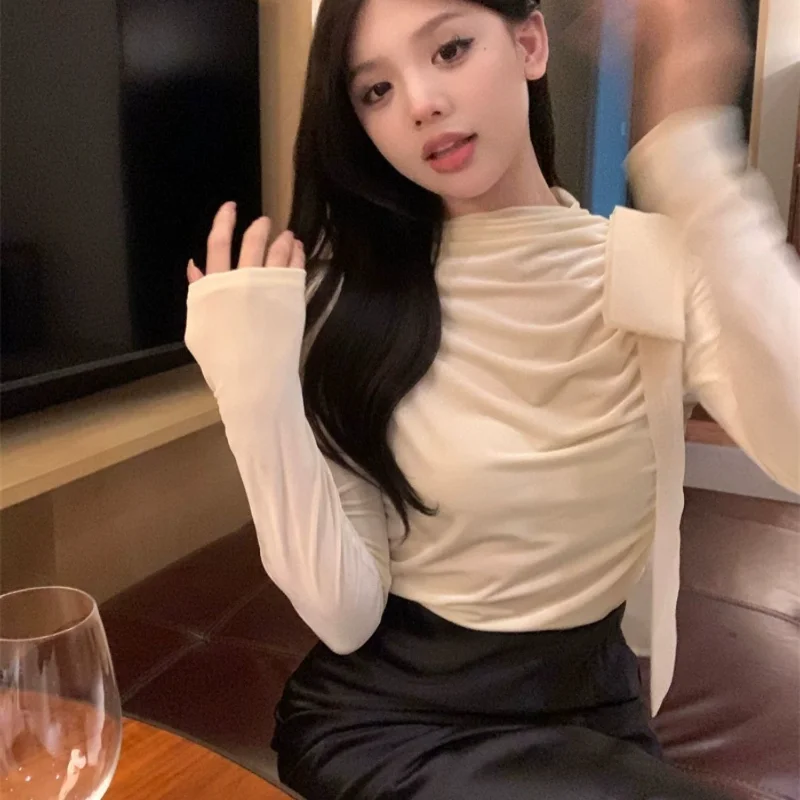 

French Puff Sleeve Bow Women Autumn Winter Half Turtleneck Top Gold Velvet Base Shirt