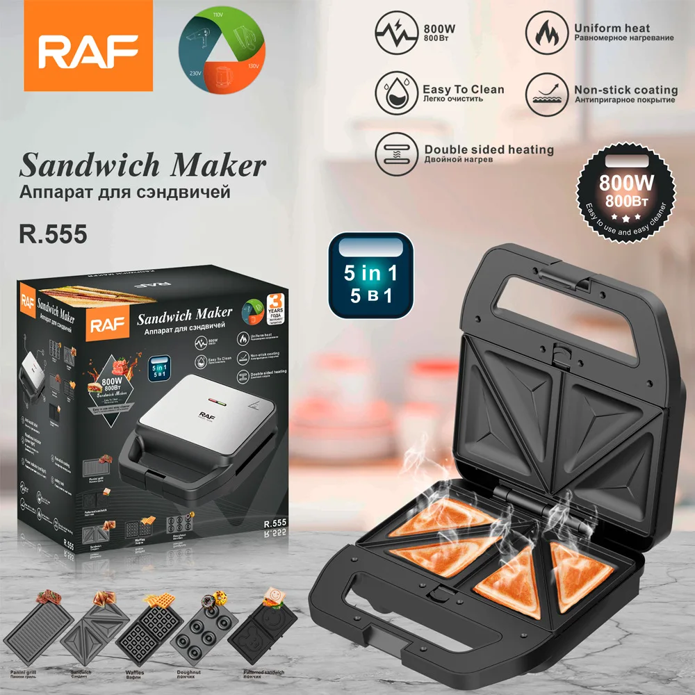 RAF European Standard Portable Five-in-One Waffle and Breakfast Machine Household Multifunctional Cross-Border Sandwich Maker