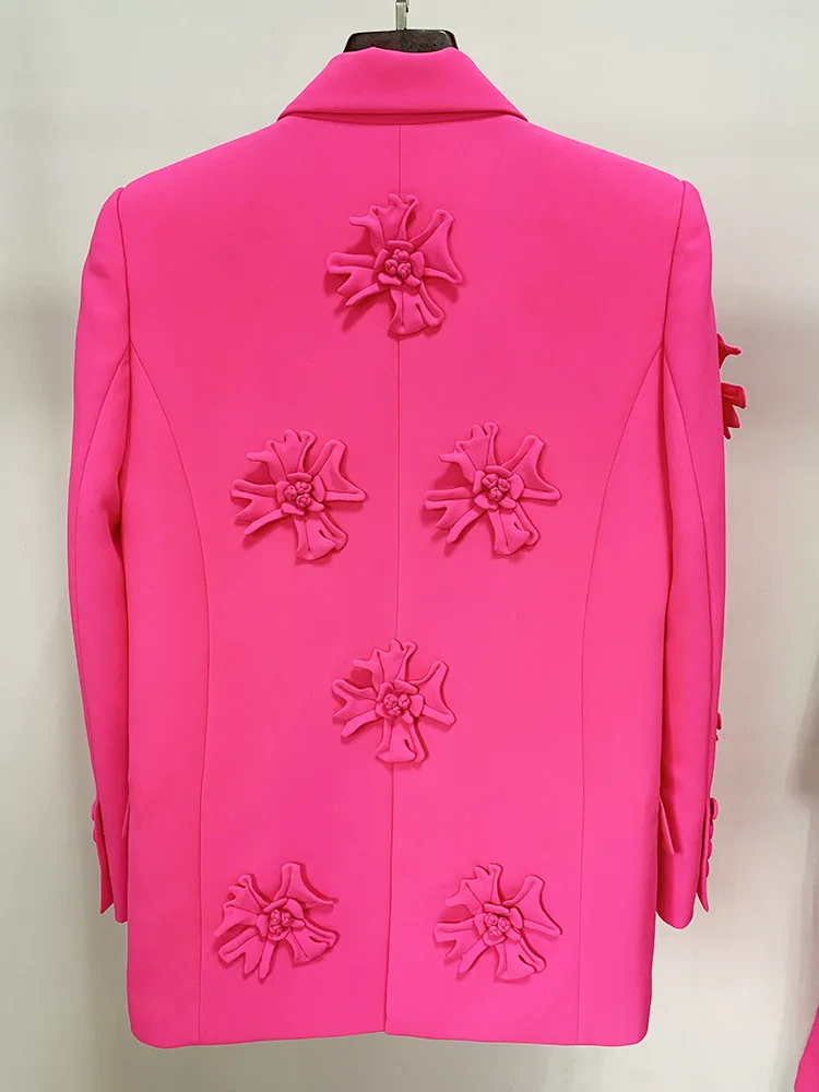 Blazer Hot Pink Embroidery Flower 2023 New Design Double Breasted Office Outfits Women Fashion Korean Trousers Suit Blazer Pants