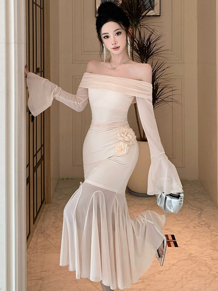 Robe longue à volants en maille Patchwork pour femmes, couleur unie, élégante, manches évasées, col Slash, automne hiver, robe de bal moulante coréenne, 2025