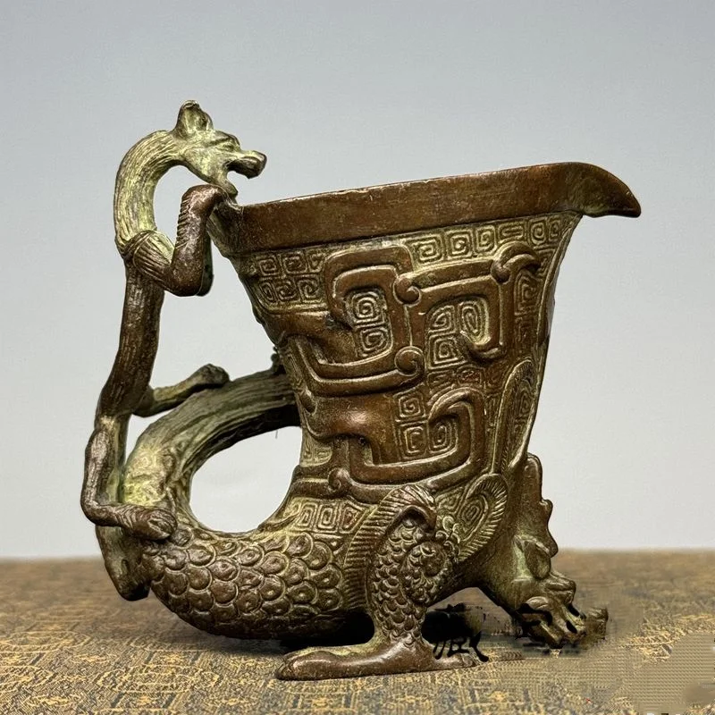 Alloy Bronze-style Dragon Cup Dragon Phoenix Beast Tripod Goblet Archaistic Carved Vessel Traditional Home Decor Ornament