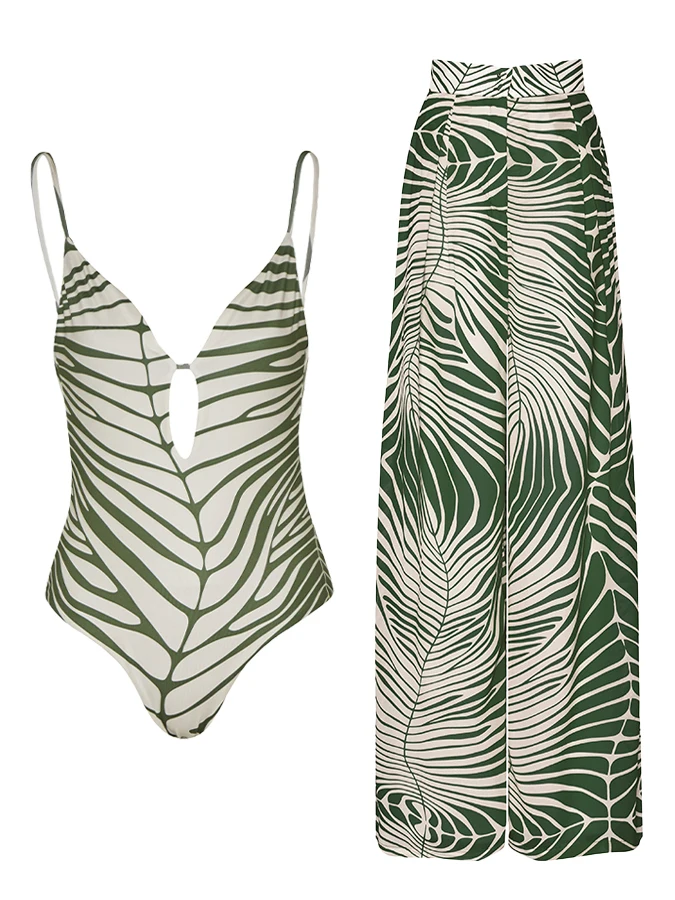 Green Retro Leaf Grain Print One-piece Deep V Tight Sexy Hollowed Out Wrap Sex Fashion Women\'s Swimsuit And Cover-up Summer 2023