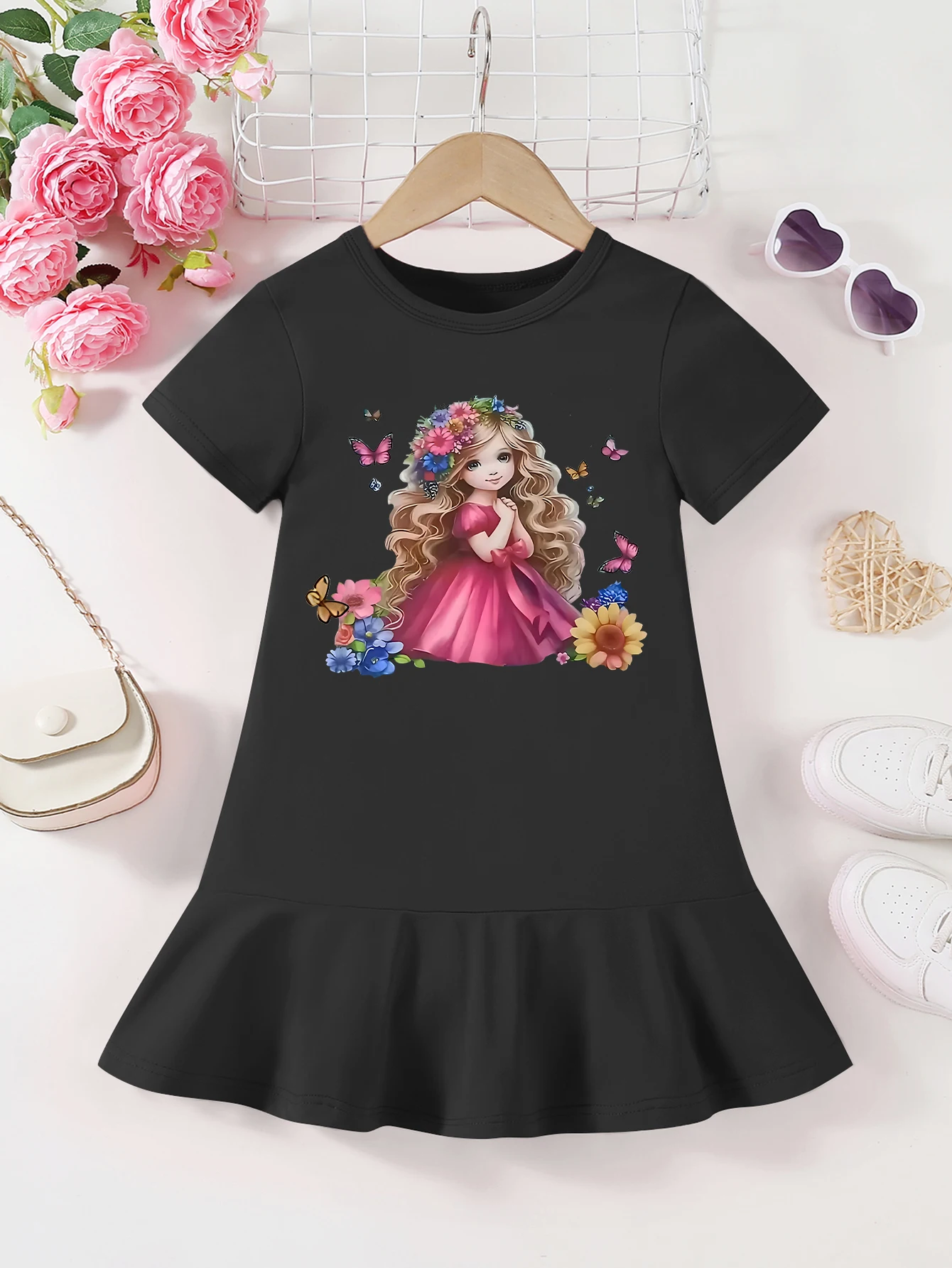 

Girls' summer comfortable pattern printed ruffle edge dress, fashionable solid color versatile, suitable for outdoor leisure