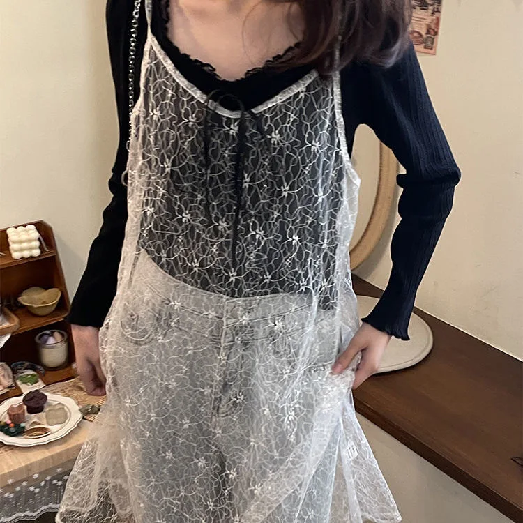 สั้นบาง SHEER ลูกไม้ตาข่ายสีขาว SLIP Dress ผู้หญิงเกาหลีสไตล์แฟชั่น COVER UPS ฤดูร้อนน่ารักโปร่งใสแขนกุดชุด
