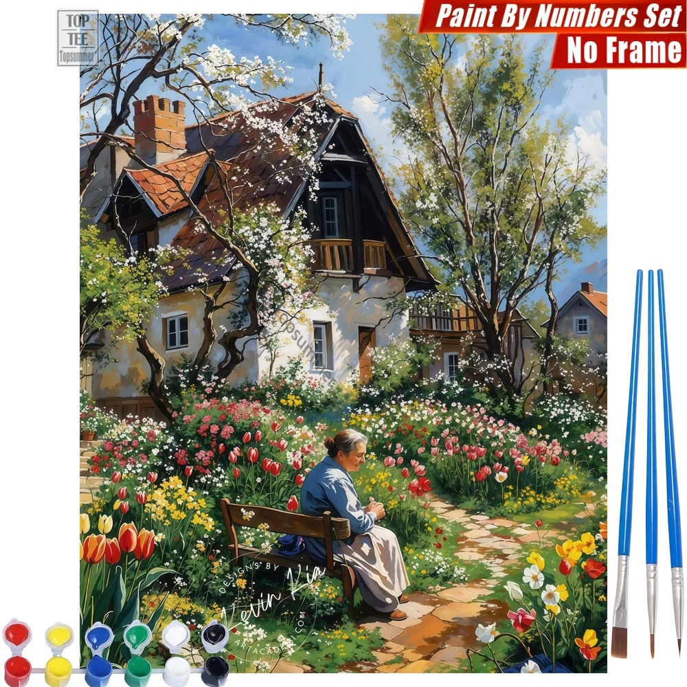 

Набор для рисования по номерам для пожилых женщин: Тюльпаны, скамейка, домик. Декор для комнаты. Подарок на День матери для бабушки.