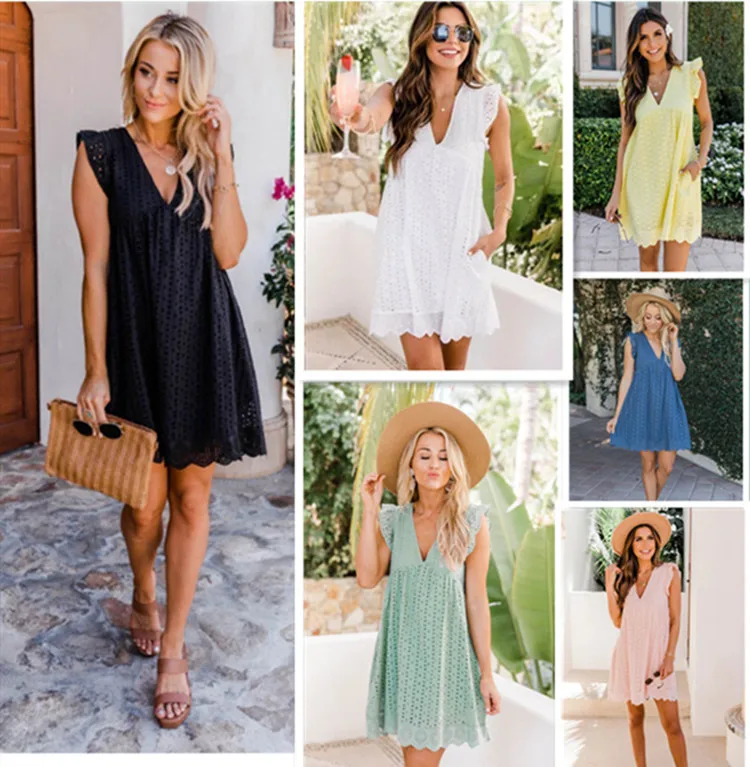 Dress Women Summer Lace Stitching Hollow Out v-neck Ruffled Fashionable Dresses Casual Vestidos Dropshipping Sale YDS7068