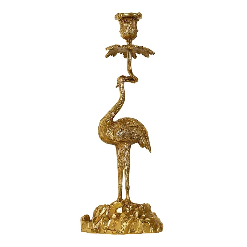 French Retro Luxury Brass Decorative Candlestick European Villa Living Room Dewaxing Copper Craft Red-Crowned Crane Ornaments