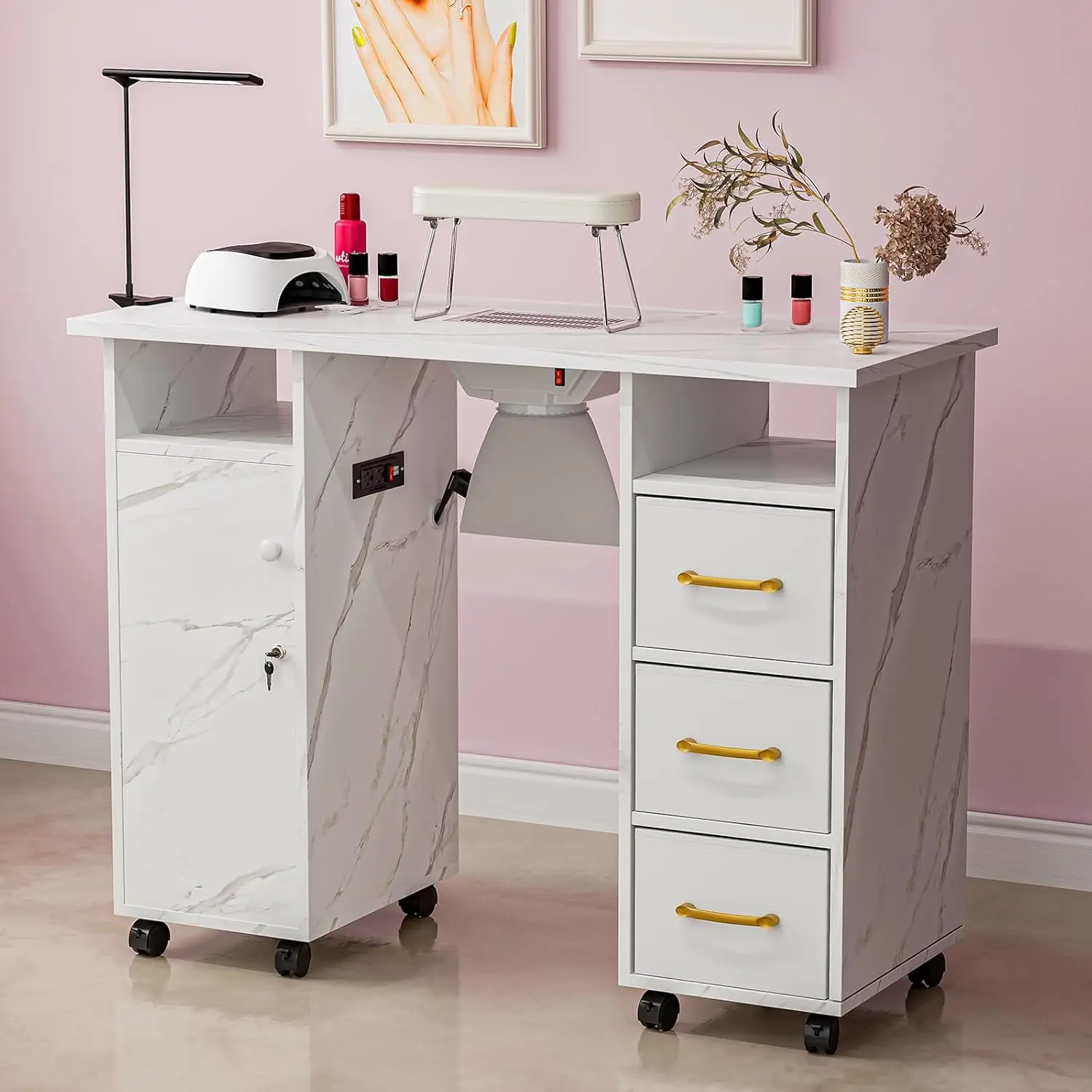 Paddie Manicure Table Nail Station with Power Outlets, Marble Grained Nail Tech Table Nail Table Station w/Dust Collector, Non-W