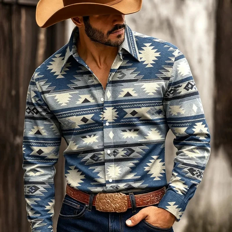 Men's Blue Navajo Geometric Tribal Print Long Sleeve Shirt Turn‑Down Collar Tops For Cowboy Style Outdoor Daily Casual Wear