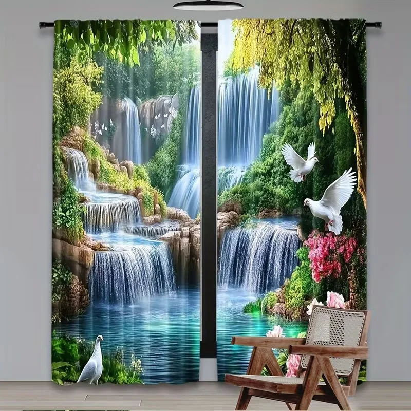 VIKAMA's New 2D Flat Large Curtains Set, Featuring Tropical Waterfall Scene Design, For Modern Home Decoration.
