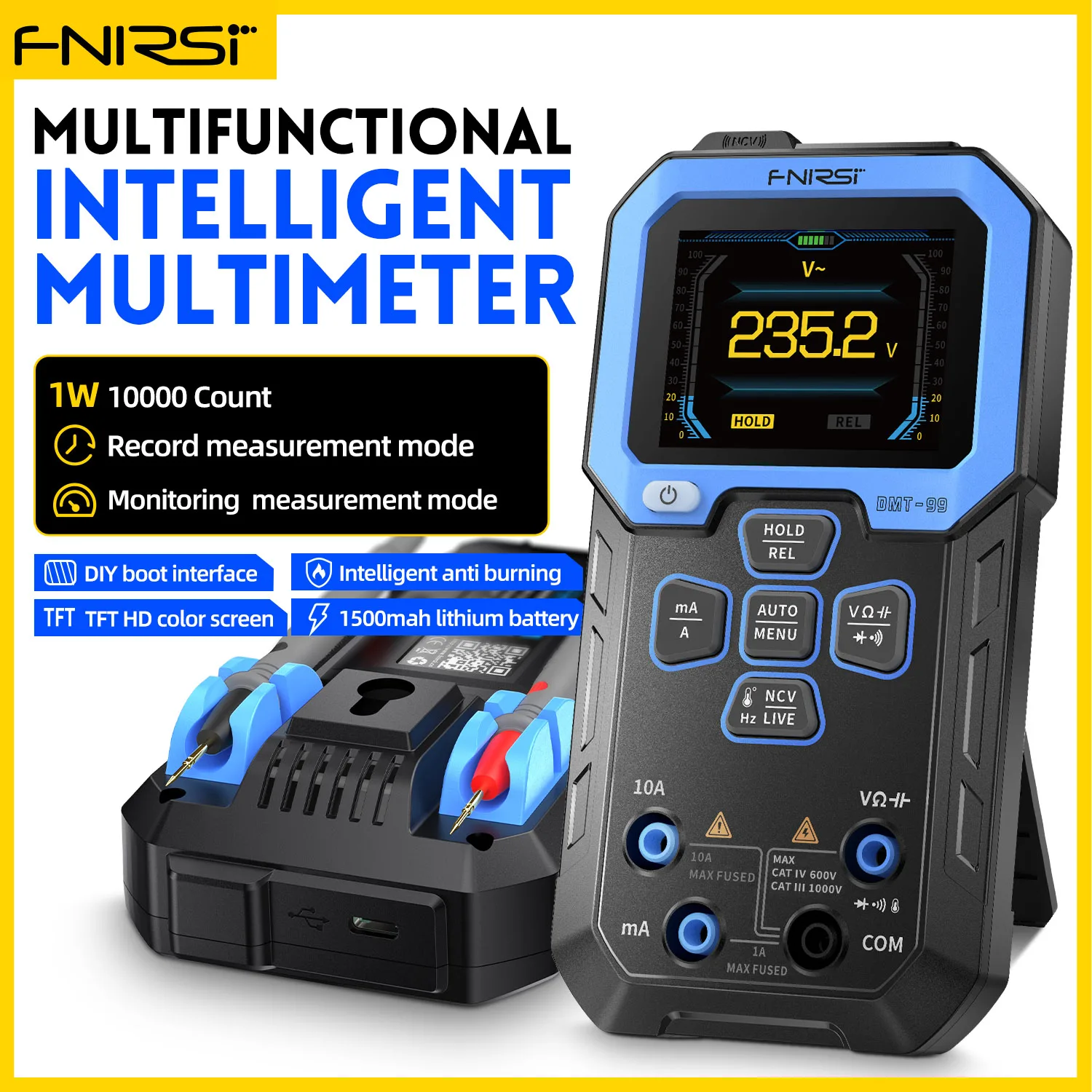 FNIRSI DMT-99 Multímetro Digital 9999 Contagens Faixa Automática 1000V 10A AC DC Tensão Resistência Capacitância Diodo NCV Hz Fio Vivo