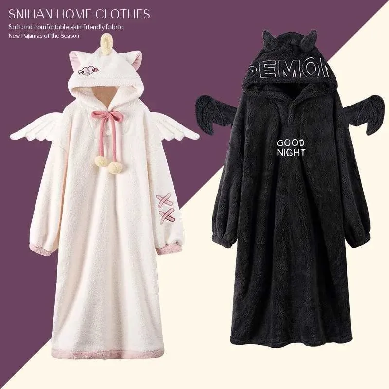 

New Sleepwear padded pajamas Solid color Homewear Loose oversized hooded Dresses couple robe Fall winter one-piece Home Clothing