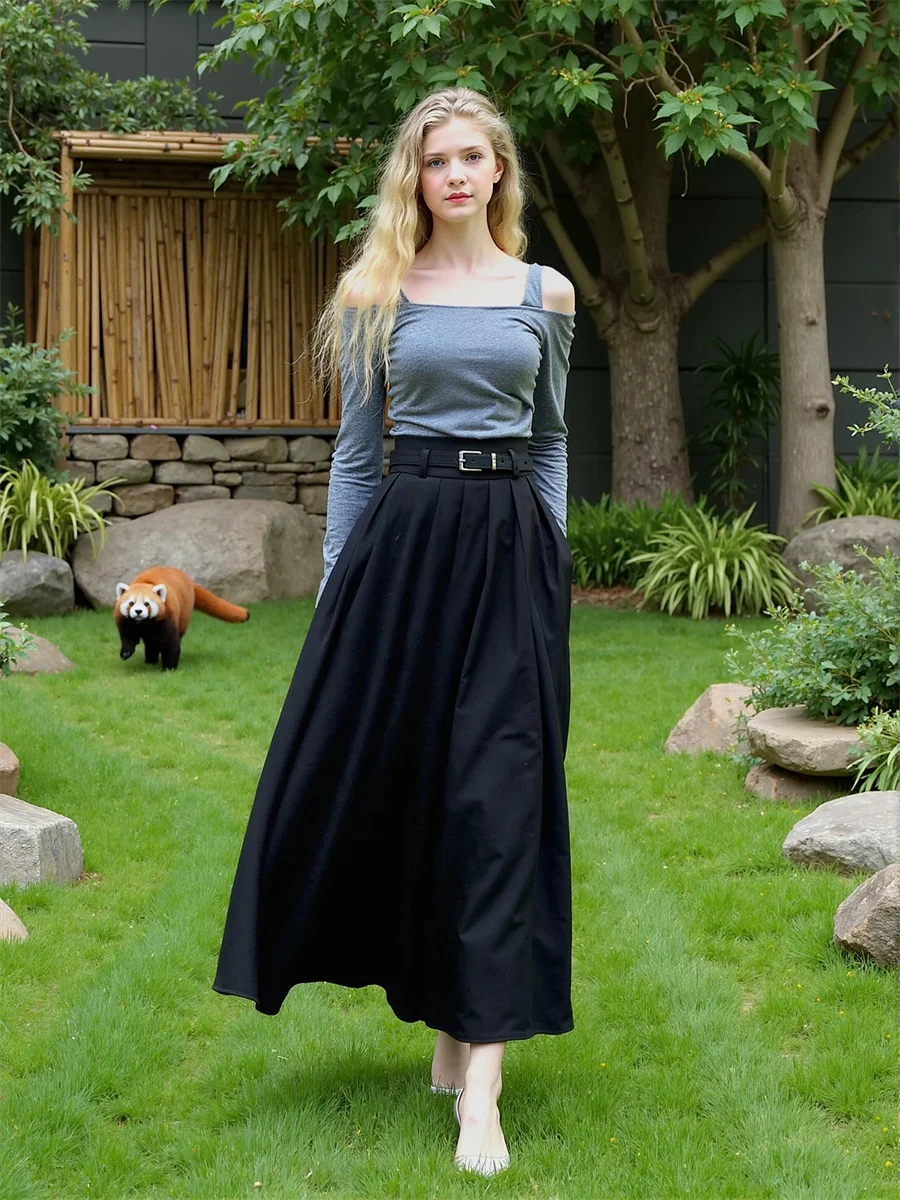 

Pleated Floor Length Skirts Womens Layered Mesh Lace-up Waist Ruffled Hem Chiffon Elegant Artistic Patchwork Cake Design Summer