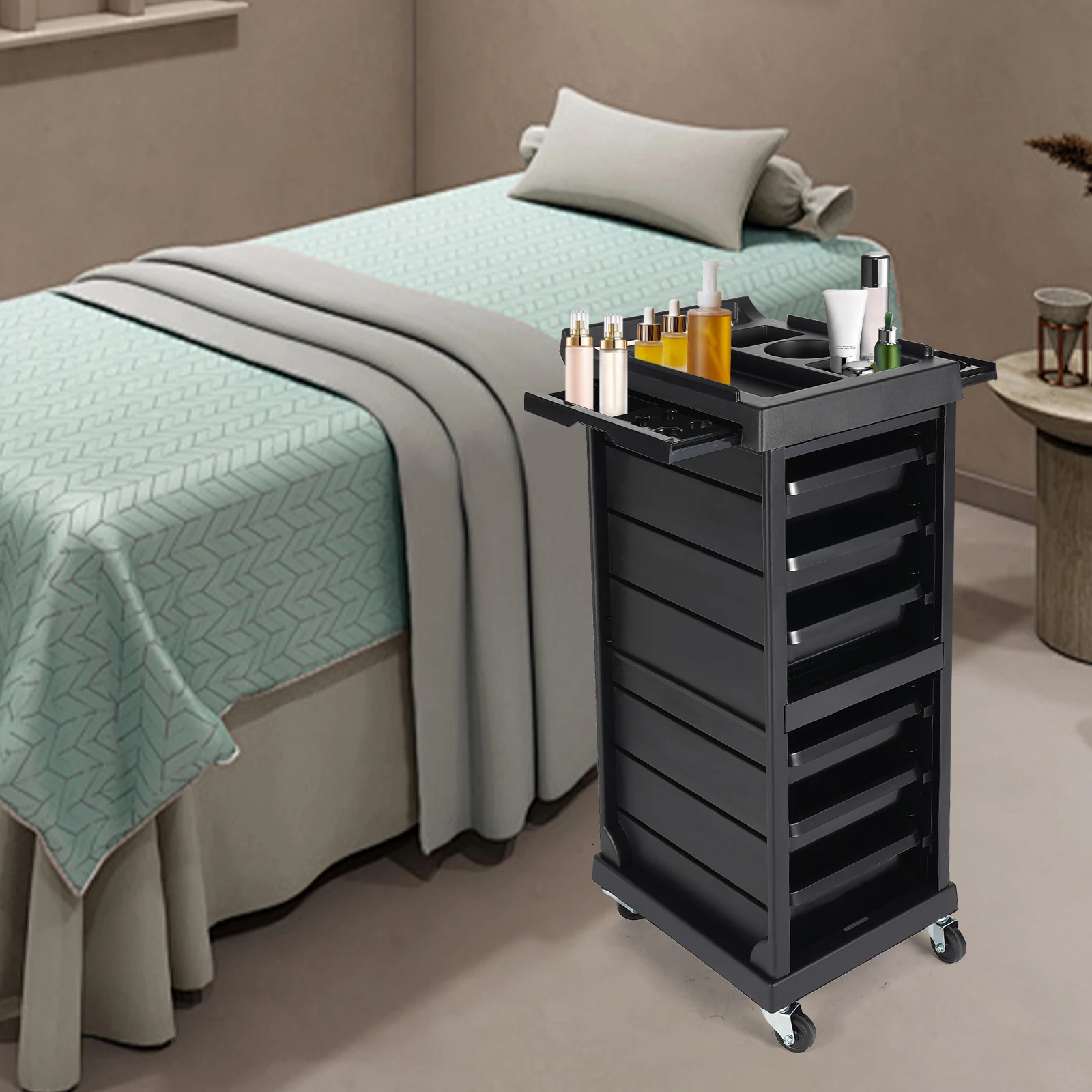 Troli Dorong Organizer Kecantikan dan Tata Rambut Hitam 7 Tingkat Rak Penyimpanan untuk Kosmetik dan Peralatan Rambut