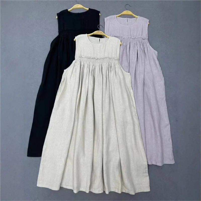 Johnature Casual Sleeveless New Style Dress For Women Summer Casual Loose Simple Elastic Waist Linen Tank Dresses