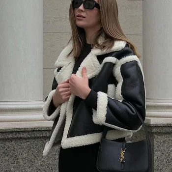 جاكيت نسائي قصير من الجلد الصناعي بتصميم عتيق للشتاء ، ياقة على شكل طية ، سترات سميكة ، ملابس خارجية نسائية عالية الجودة ، ملابس عصرية ، 2023