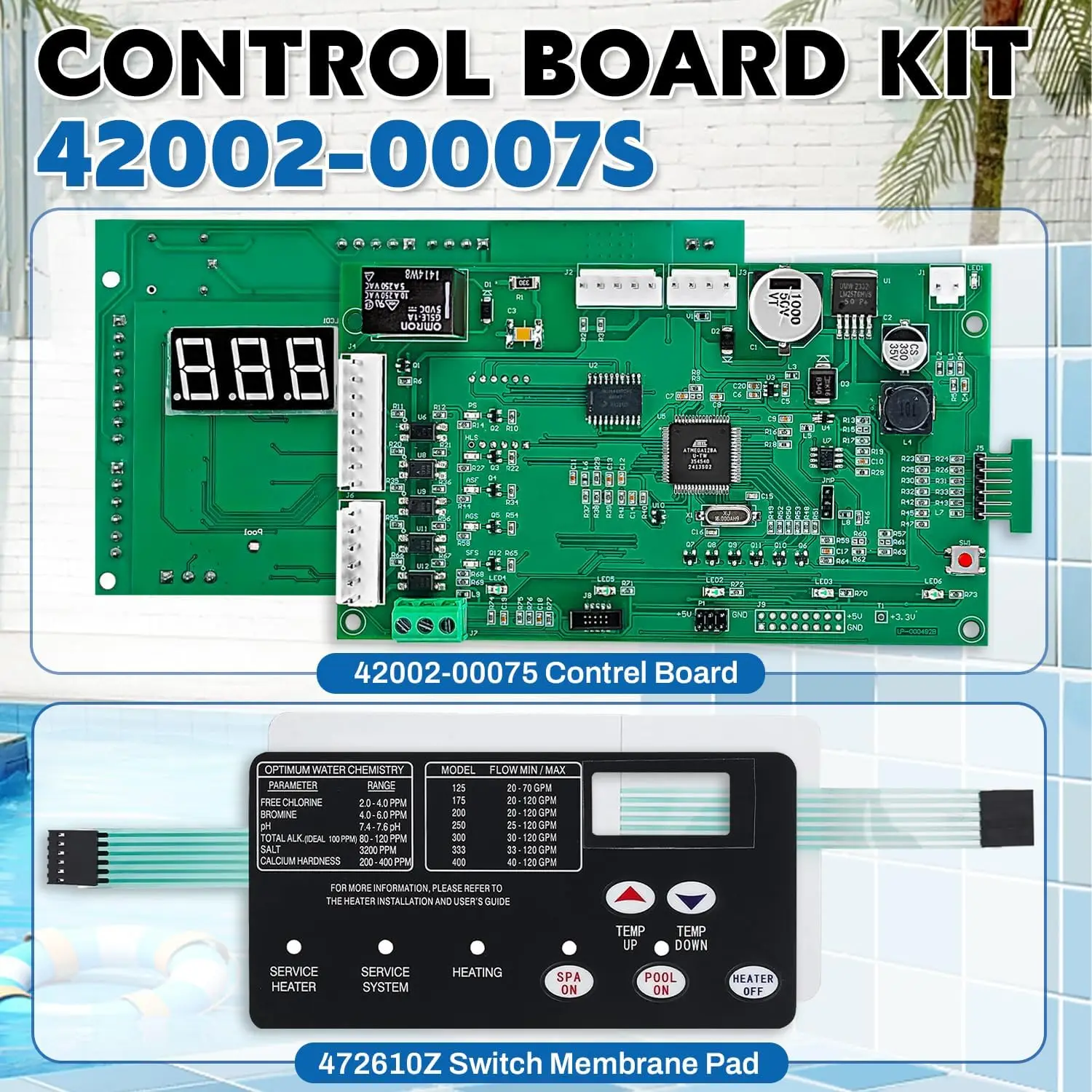 42002-0007S 461105 Control Board with Switch Membrane Pad 472610Z Compatible with Pentair MasterTemp NA LP Series 400 300 250