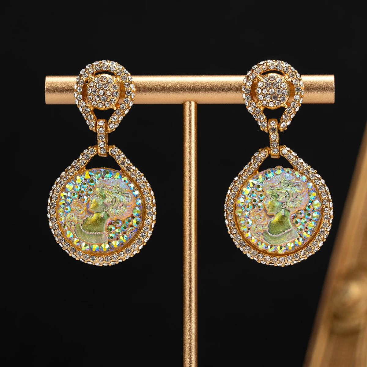 French vintage embossed portrait full-diamond pendant earrings