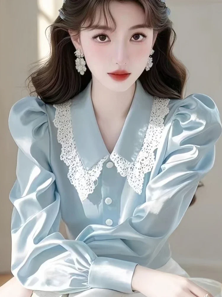 Satin Women's Blouses Lace Patchwork Korean Shirts FASHION Loose Spring/Summer Casual Clothing Solid Long Sleeve Women Tops