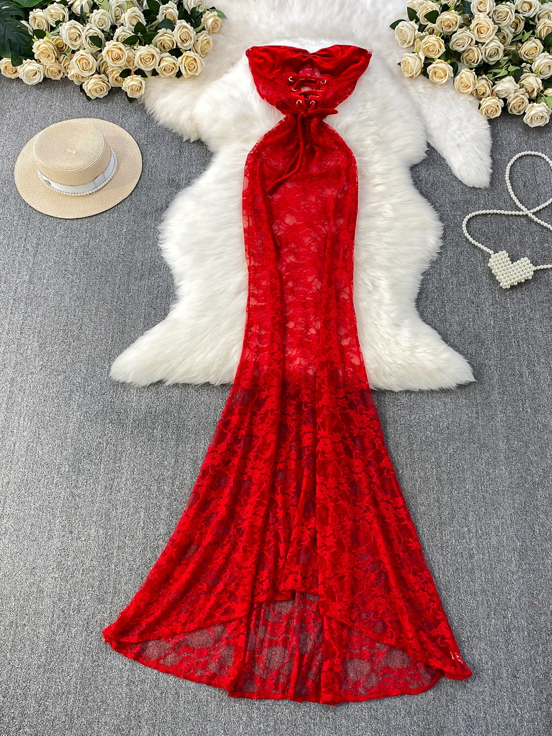 

Sexy Hollow out Strapl Lace Dr Women's Ele Long Skirt Red Lace High Waist Bridesmaid Dr Breathable Comfortable