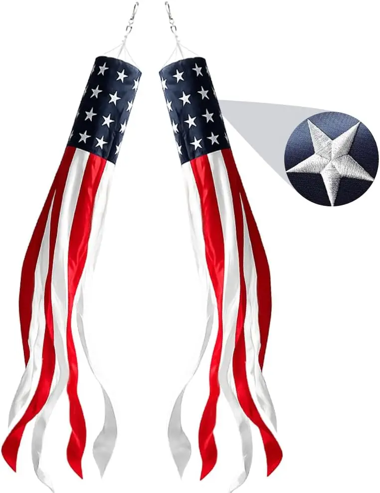 Flagicts 210D Noly 2 PCS 60Inch  4th of July  Embroidered Stars Wind Socks Hanging Hanging America USA Flag