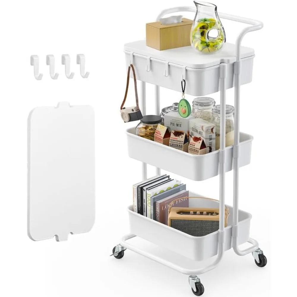 

3 Tier Rolling Cart with Table Top, Utility Cart with Wheels & 4 Hooks, Rolling Storage Cart for Home Storage and Organization,