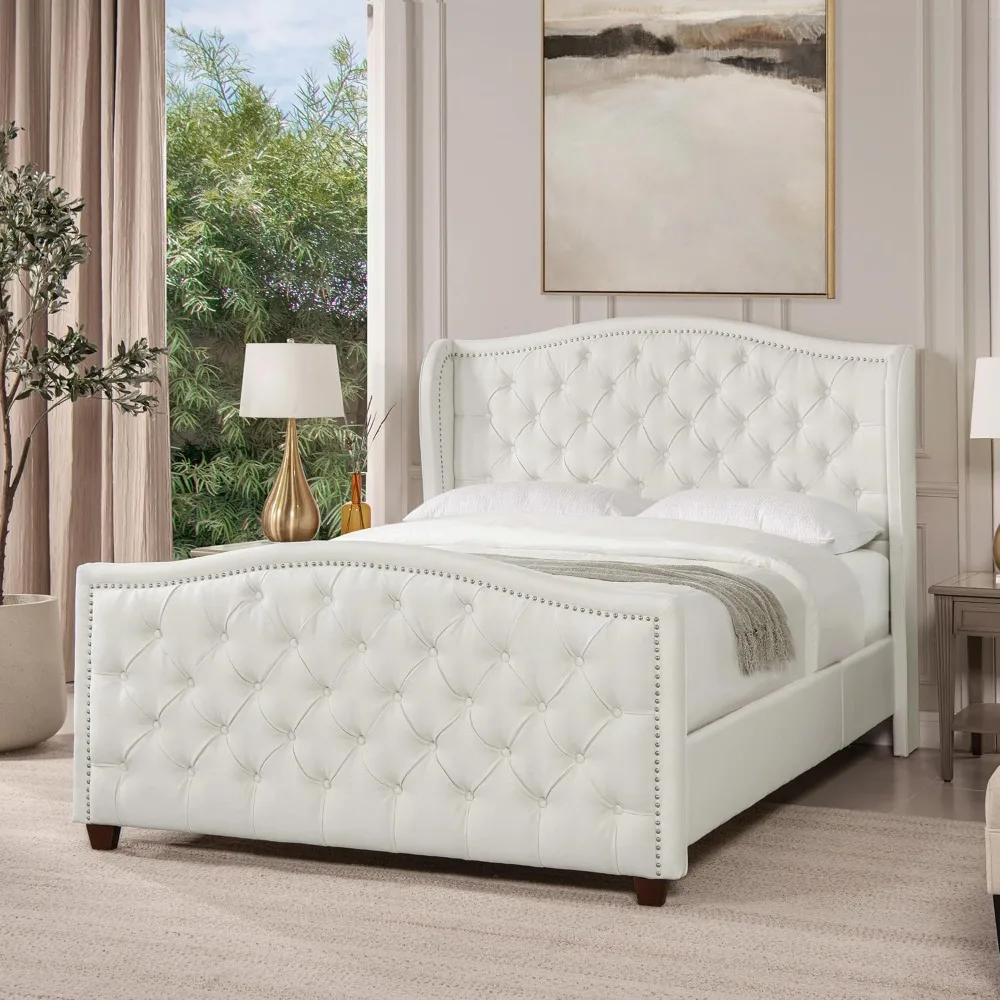 Marcella Collection Queen Wingback Tufted Hand-Applied Nail Heads Upholstered Bed bedroom furniture  lit 2 personnes