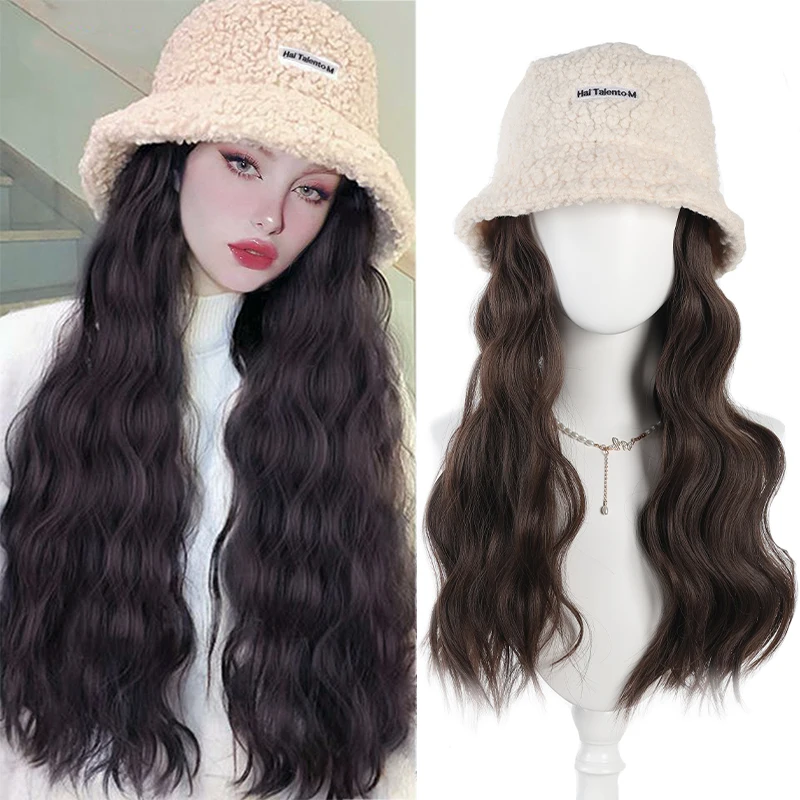 Hat wig lamb wool fisherman hat long rolled wig girls' synthetic wig fashionable and warm suitable for Christmas shopping