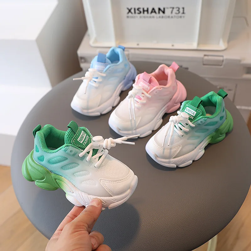 2024 Autumn New Shoes Suitable For Boys And Girls Aged 1-6, Gradient White Soft Soled Sports Shoes