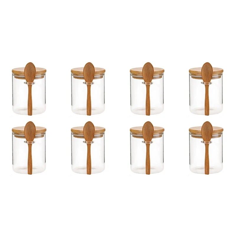 

8X Glass Food Airtight Canister Castor Wooden Twist Lid Kitchen Candy Storage Tank Jar Bamboo Food Container With Spoon