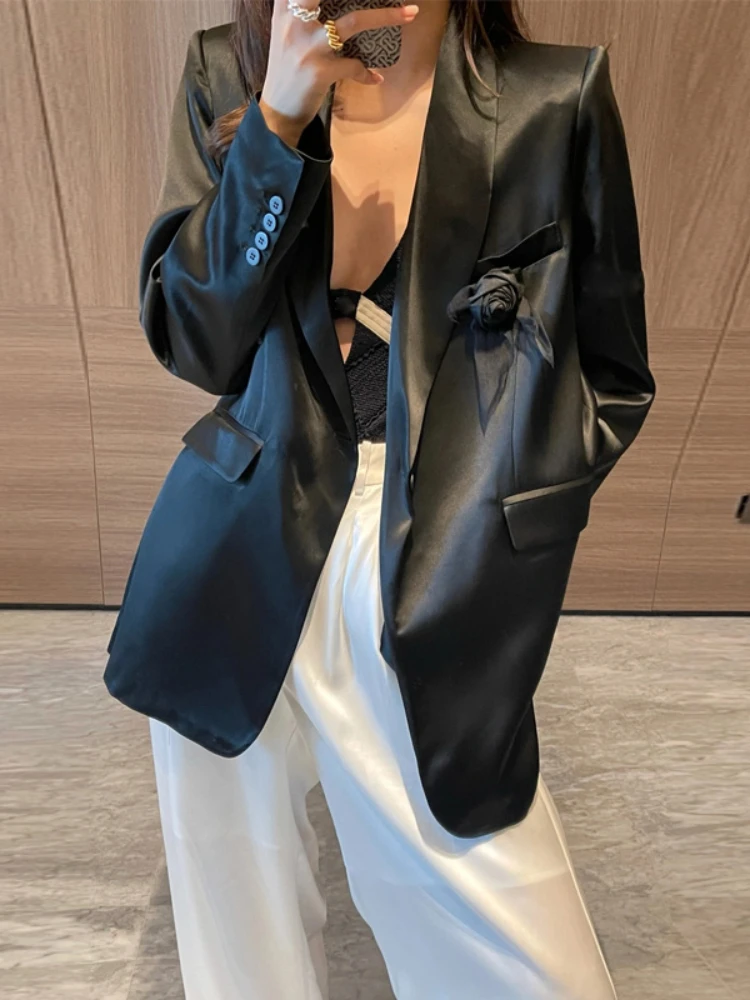 Fashion Commuter Acetate Satin Blazer Coat Women\'s 2023 Autumn High Quality Black Rose Pin Loose Temperament Suit Jacket