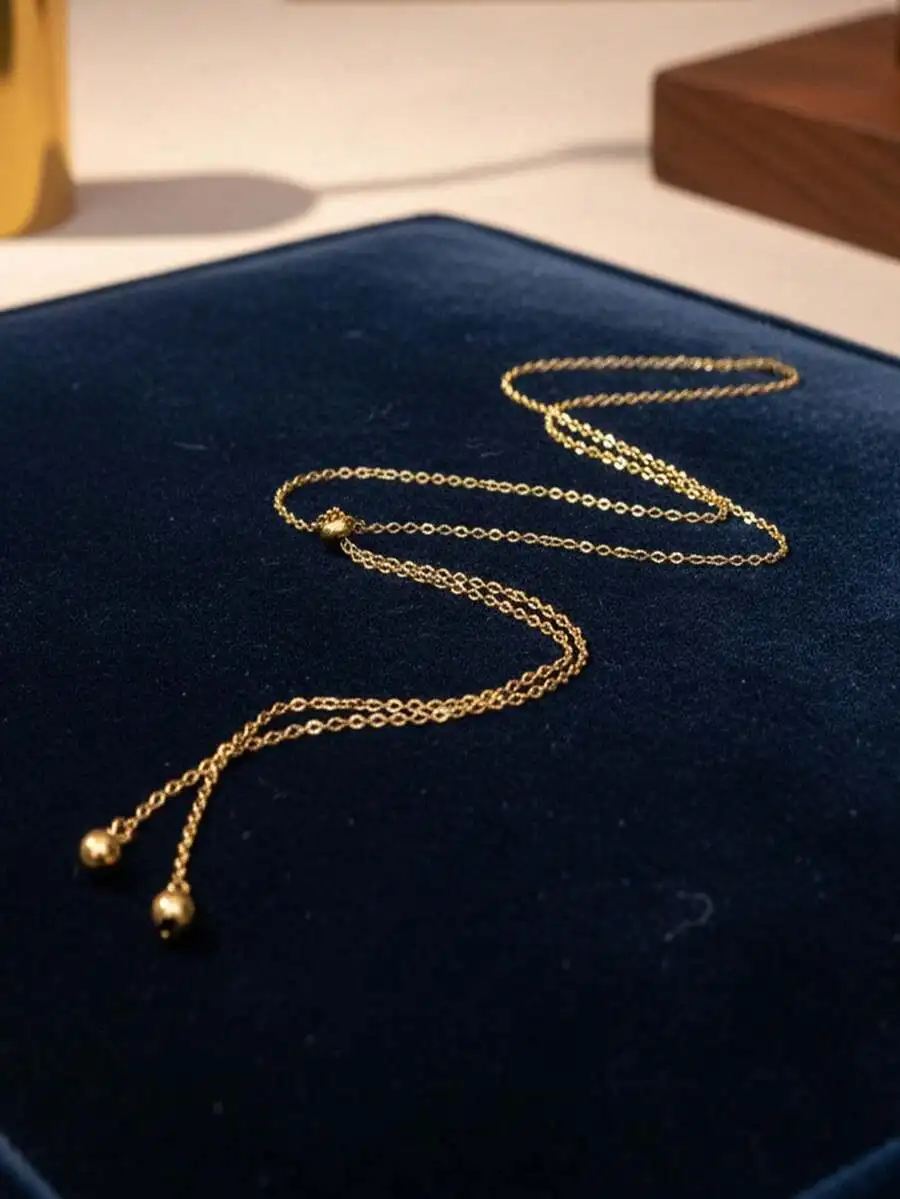 1pc 18K Gold Plated Stainless Steel Round Bead Pendant Adjustable Long Necklace, Fashionable Minimalist Design Suitable For Dail view 4