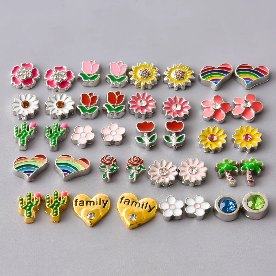 20Pcs BohoDaisy Rose Flower Cactus Coconut Tree Floating Charms For Living Locket Jewelry Sweet Heart Family Love Pendant Bulk