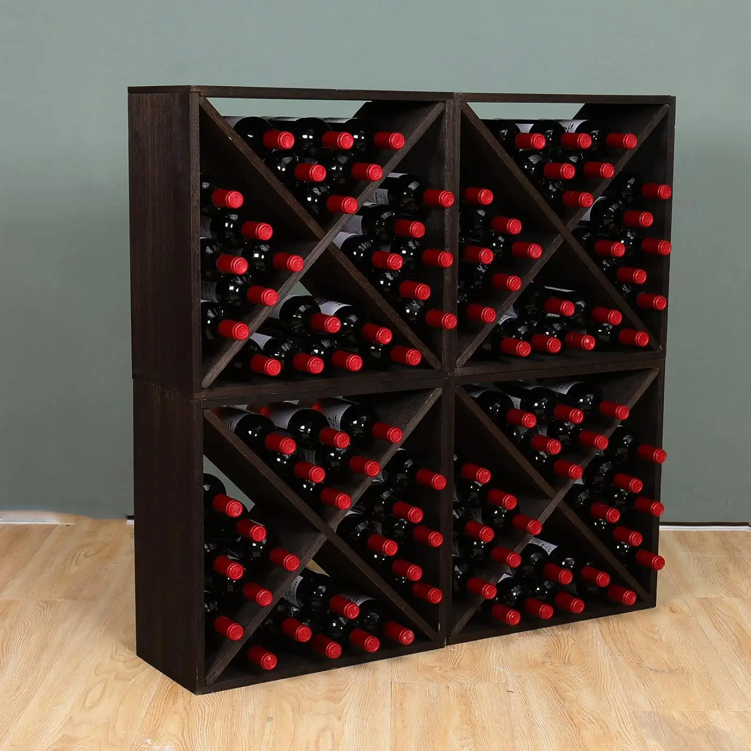 Wine Rack Cabinet countertop Wooden Stackable Storage Retro Cube freestanding Floor Wine Bottle Holder Stand(96BottleBlack)