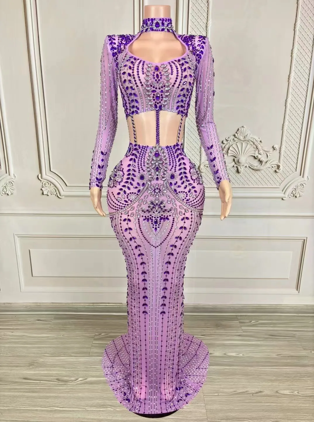 Sexy Shiny Rhinestone Purple Dress Plus Size Women's Evening Dress Halter Fishtail Cut Out Long Skirt with Long Sleeves and Hip