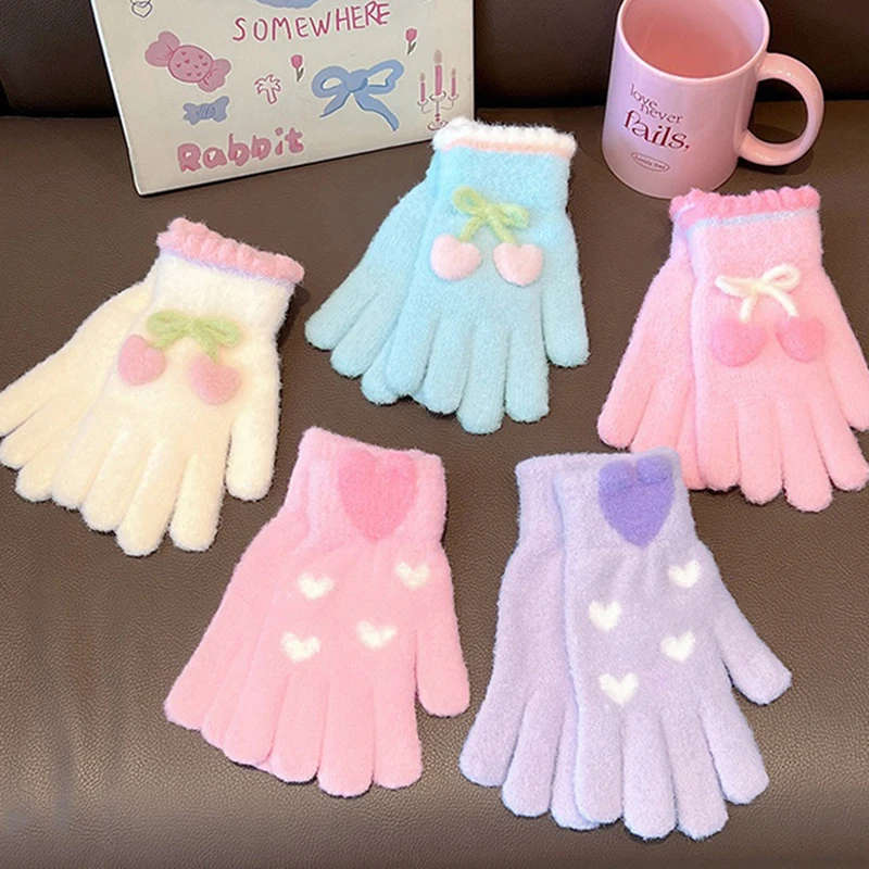 6-12 سنة الكورية الحلو الكرز الحب الأطفال الدافئة قفازات كاملة الأصابع الشتاء يندبروف رشاقته الفتيان الفتيات طفل الدراجات القفازات