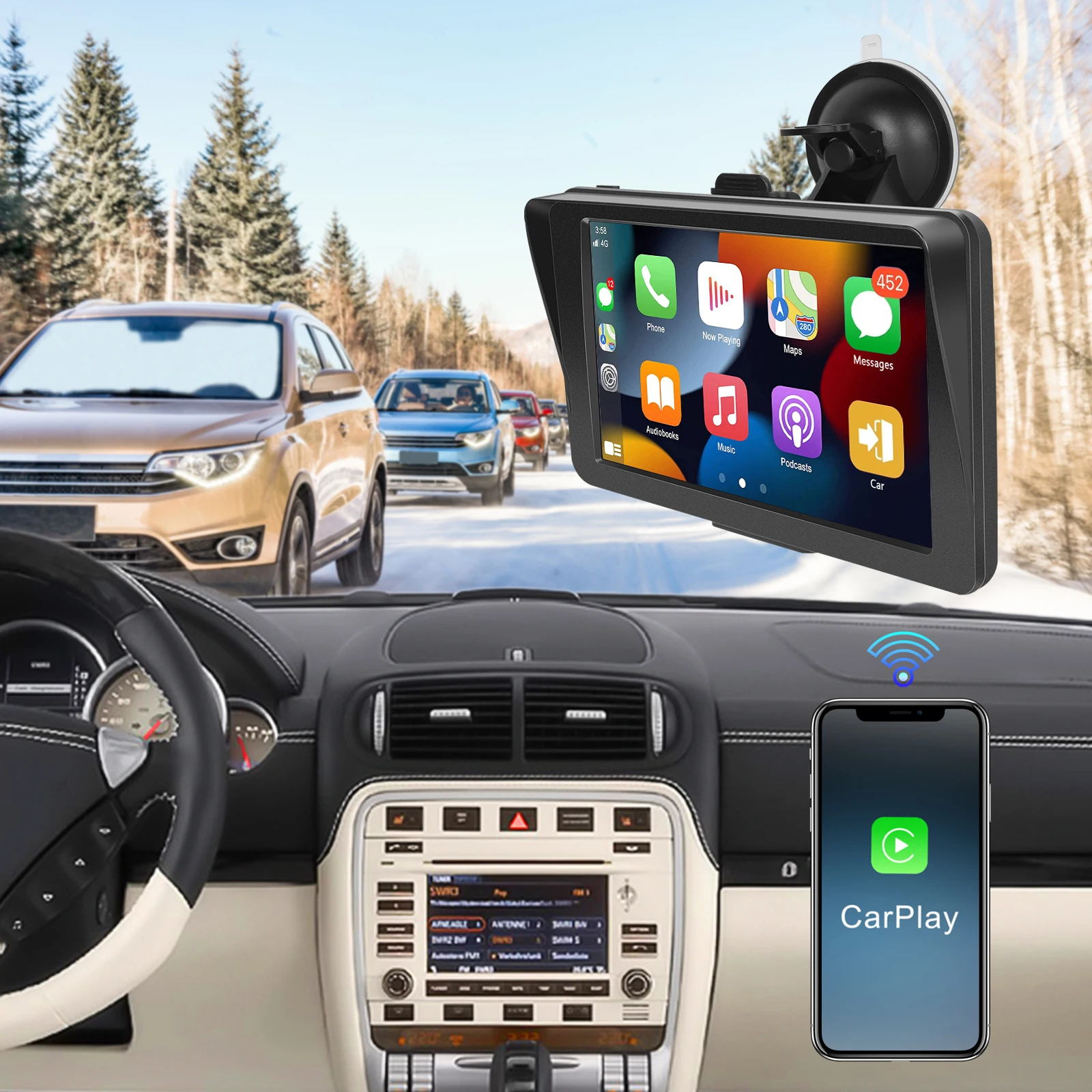 Podofo Dashboard Car Monitor 7 ''Car DVR Carplay Android Auto AirPlay Mirror Cast FM Voice Control Bluetooth Smart Screen Player