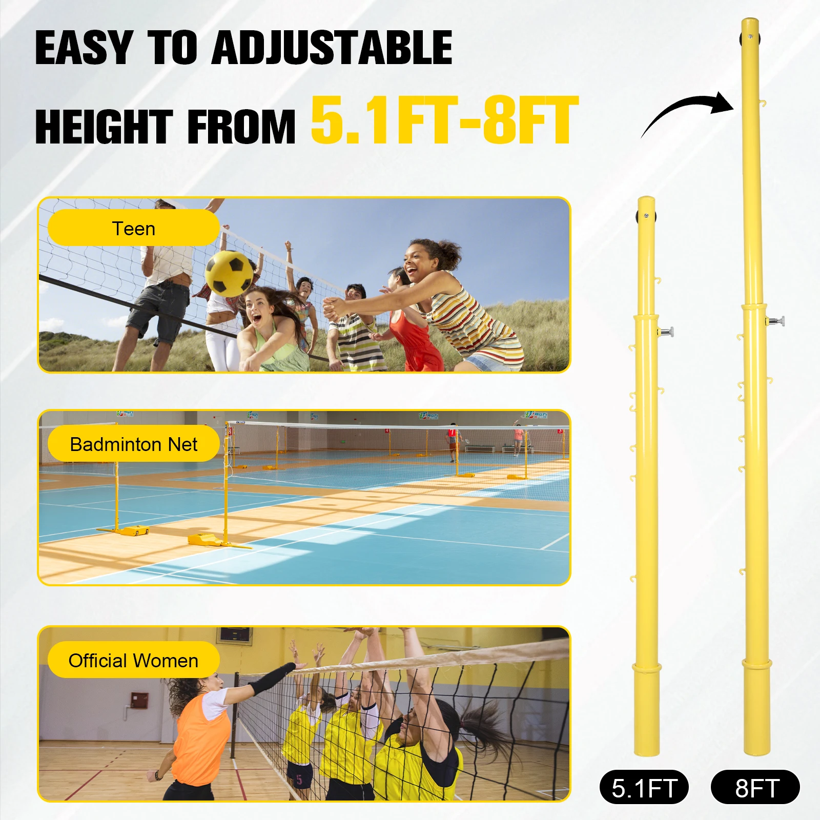 

Многофункциональная волейбольная стойка с креплением в грунт, регулируемая по высоте (6 уровней, от 1,5 м до 2,4 м) для использования в помещении (спортзалы) и на улице (парки, школы)